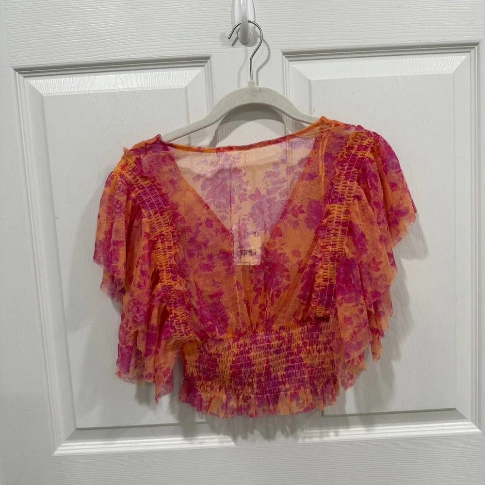 Free People XS Top Floral Print‎ Ruffle Sleeve Smocked Blouse Orange Pink